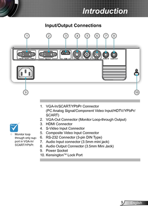 Page 99English
Introduction
Input/Output Connections
1. VGA-In/SCART/YPbPr Connector  
(PC Analog Signal/Component Video Input/HDTV/YPbPr/
SCART) 
2. VGA-Out Connector (Monitor Loop-through Output)
3. HDMI Connector
4. S-Video Input Connector
5. Composite Video Input Connector
6. RS-232 Connector (3-pin DIN Type)
7. Audio Input connector (3.5mm mini jack) 
8. Audio Output Connector (3.5mm Mini Jack) 
9. Power Socket
10. KensingtonTM Lock Port
	Monitor loop through only sup-port in VGA-In/SCART/YPbPr.
VGA-IN /...