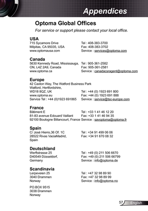 Page 57
57English

Appendices

Optoma Global Offices
For service or support please contact your local office.
USA
75 Sycamore Drive  Tel : 408-383-3700
Milpitas, CA 95035, USA   Fax: 408-383-3702 
www.optomausa.com  Service : 
services@optoma.com
Canada
5630 Kennedy Road, Mississauga, Tel : 905-36-2582
ON, L4Z 2A9, Canada   Fax: 905-36-258
www.optoma.ca  Service : 
canadacsragent@optoma.com
 
Europe
42 Caxton Way, The Watford Business Park 
Watford, Hertfordshire,  
WD8 8QZ, UK Tel :...