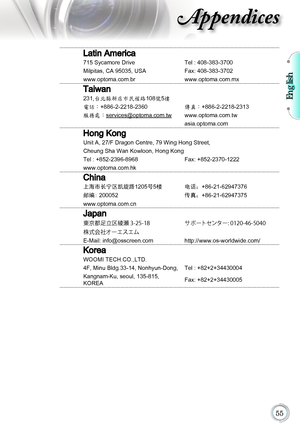 Page 55English

Appendices
Latin America
715 Sycamore DriveTel : 408-383-3700
Milpitas, CA 95035, USA Fax: 408-383-3702
www.optoma.com.br www.optoma.com.mx
Taiwan
231,台北縣新店市民權路108號5樓
電話：+886-2-2218-2360傳真：+886-2-2218-2313
服務處：services@optoma.com.tw www.optoma.com.tw
asia.optoma.com
Hong Kong
Unit A, 27/F Dragon Centre, 79 Wing Hong Street,
Cheung Sha Wan Kowloon, Hong Kong
Tel : +852-2396-8968Fax: +852-2370-1222
www.optoma.com.hk
China
上海市长宁区凯旋路1205号5楼 电话：+86-21-62947376
邮编: 200052 传真：+86-21-62947375...