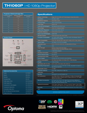 Page 2All Specifications are subject to change without notice.  ©2011 Optoma Technolog y, Inc.  DLP® and the DLP logo are 
registered trademarks of  Texas Instraments.  All other names mentioned herein are property of their respective o wners.
Data-EH1060P-0511
BL-FS300C
BM-5001U
BR-5033L
BK-4013
BC-DDHMXX08
BC-HMHMXX05
BC-CRVGYX00
BC-CRCRXX02
BC-COCOXX02
DS-9092PMG+
BC-PUPIXY11
Optional Accessories
Lamp:
Mount:
Remote:
Carrying Case:
HDMI Cable (7.5m):
HDMI Cable (5m):
Component to VGA Adapter:
Component...