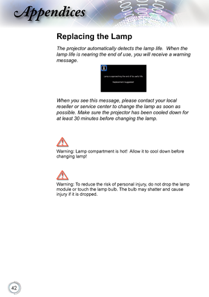 Page 42


Appendices

Replacing the Lamp
The projector automatically detects the lamp life.  When the 
lamp life is nearing the end of use, you will receive a warning 
message.
When you see this message, please contact your local 
reseller or service center to change the lamp as soon as 
possible. Make sure the projector has been cooled down for 
at least 30 minutes before changing the lamp. 
Warning: Lamp compartment is hot!  Allow it to cool down before changing lamp!
Warning: To reduce the risk of...