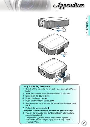 Page 43
English


Appendices

Lamp Replacing Procedure: 
1.    Switch off the power to the projector by pressing the Power 
button.
2.    Allow the projector to cool down at least 30 minutes.
3.    Disconnect the power cord.
4.    Unlock the lamp cover.

5.    Push up and remove the cover.

6.    Use a screwdriver to remove the screw from the lamp mod
-ule.
7.     Pull out the lamp module. 

To replace the lamp module, reverse the previous steps.
8.    Turn on the projector and do “Lamp Reset”...