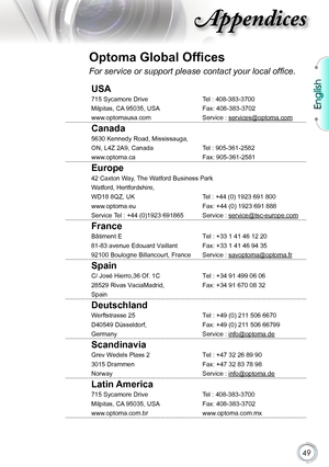 Page 49
English


Appendices

Optoma Global Offices
For service or support please contact your local office.
USA
715 Sycamore DriveTel : 408-383-3700 
Milpitas, CA 95035, USAFax: 408-383-3702
www.optomausa.comService : services@optoma.com
Canada
5630 Kennedy Road, Mississauga,
ON, L4Z 2A9, CanadaTel : 905-361-2582
www.optoma.caFax: 905-361-2581
Europe
42 Caxton Way, The Watford Business Park
Watford, Hertfordshire, 
WD18 8QZ, UK Tel : +44 (0) 1923 691 800
www.optoma.euFax: +44 (0) 1923 691 888
Service...