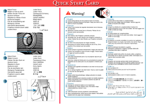 Page 2
Quick Start Card
Juster zoomJuster ZoomΠροσαρμογή ΖουμZoom beállításaUpravit zoomZumu Ayarla調整變焦调整变焦［ズーム］調整줌 조절 
Adjust ZoomRégler le zoomPassen Sie den Zoom anAjuste el zoomRegolare lo ZoomAjuste do zoomPas de zoomfactor aanWyreguluj Powiększenie.Настройте масштабProjektorin zoomin säätöJustera zoom
Adjust FocusRégler la mise au pointStellen Sie den Fokus einAjuste el enfoqueRegolare la messa a fuocoAjuste da focagemPas de scherpstelling aanWyreguluj OstrośćНастройте фокусировкуProjektorin tarkennuksen...