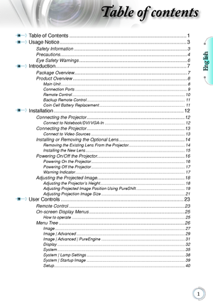 Page 1English

Table of contents
Table of Contents ........................................................................\
...........1
Usage Notice
  ........................................................................\
..................3
Safety Information  ........................................................................\
.................3
Precautions........................................................................\
............................ 4
Eye Safety Warnings...