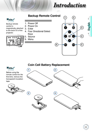 Page 11English

Introduction
Backup Remote Control
1. Power Off
2. Power On
3. Enter
4.  
Four Directional Select 
Keys
5. Source
6. Menu
1
3
56
2
4
Before using the 
remote control for the 
first time, remove the 
transparent insulation 
tape.
NoteNote
3VOLTSCR2025
Coin Cell Battery Replacement
MnO2-LiCELL3VOLTSJAPANHCR2025
3VOLTSCR2025
M3VOLTSCR2025
12
34
NoteNote
Backup remote  
control is  
magnetically attached 
to the back I/O of the 
projector.      