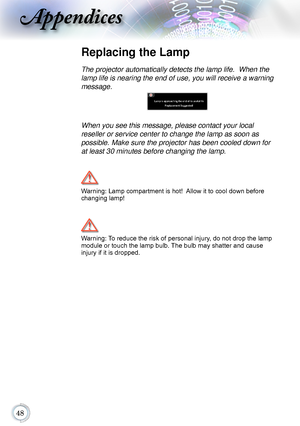 Page 48
Appendices
Replacing the Lamp
The projector automatically detects the lamp life.  When the 
lamp life is nearing the end of use, you will receive a warning 
message.
When you see this message, please contact your local 
reseller or service center to change the lamp as soon as 
possible. Make sure the projector has been cooled down for 
at least 30 minutes before changing the lamp.  
Warning: Lamp compartment is hot!  Allow it to cool down before 
changing lamp!
Warning: To reduce the risk of...