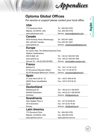 Page 57English

Appendices
Optoma Global Offices
For service or support please contact your local office.
USA
715 Sycamore DriveTel : 408-383-3700 
Milpitas, CA 95035, USA Fax: 408-383-3702
www.optomausa.com
Service : services@optoma.com
Canada
5630 Kennedy Road, Mississauga, Tel : 905-361-2582
ON, L4Z 2A9, Canada Fax: 905-361-2581
www.optoma.ca
Service : canadacsragent@optoma.com
Europe
42 Caxton Way, The Watford Business Park
Watford, Hertfordshire, 
WD18 8QZ, UK  Tel : +44 (0) 1923 691 800...