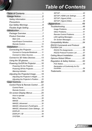 Page 11English
Table of Contents ............................1
Usage Notice ...................................2
Safety Information ...............................2
Precautions  .........................................3
Eye Safety Warnings  ..........................6
Flexible Angle Setting .........................6
Introduction ......................................7
Package Overview  ..............................7
Product Overview  ...............................8
Main Unit...