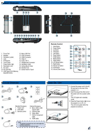 Page 33
pr oDu c t ov e r v Ie W
3
8918171510131416
2
3
765419
1
3
1112
2
18
20
2021
pr o Du c t ov e r v Ie W
Focus Dial11 Speaker21 Ventilation (outlet)31 Lens41 IR Receiver51 Touch Panel61 Power Button (71 )Kensington Lock81 AC Input91 SD Card Slot111 USB Type A Port (Memory 111 Stick/WiFi/HDD)
Micro USB Port121  
VGA Connector131 HDMI Connector141 Video In151 Audio / AV In161 Headphones Connector171 Ventilation (inlet)181 Ceiling Mount Holes191 Elevator Foot211 Screw Hole for Tripod211 
2
5
7
8
10
11
12...