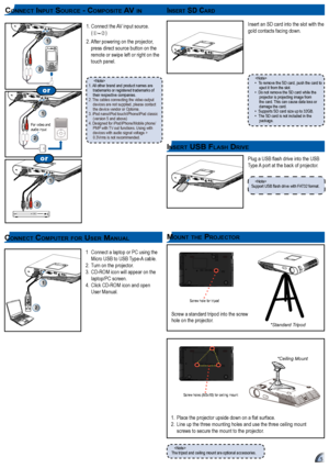 Page 555
mo u n t t h e pr o j e c t o r
The tripod and ceiling mount are optional accessories1 
InSe r t SD ca r D
InSe r t uSB fl a Sh Dr Iv e
L O CK
Insert an SD card into the slot with the gold contacts facing down1
To remove the SD card, push the card to • eject it from the slot1Do not remove the SD card while the • projector is projecting image from the card1 This can cause data loss or damage the card1Supports SD card size up to 32GB1• The SD card is not included in the • package1
Plug a USB flash drive...