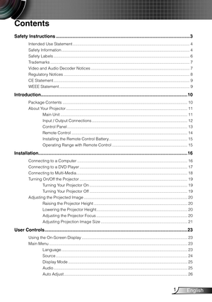 Page 2Contents
1English
Safety Instructions ........................................................................\
..................................3
Intended Use Statement ........................................................................\
................................4
Safety Information ........................................................................\
..........................................4
Safety Labels  ........................................................................\...