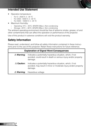 Page 5Intended Use Statement
Operation temperature: y
For 0 - 2500 ft, 5 - 35 °C -For 2500 - 5000 ft, 5 - 30 °C -For 5000 - 10000 ft, 5 - 25 °C -
Maximum Humidity: y
Operating: 5°C ~ 35°C, 80%RH (Max.), Non-condensing -Storage: -20°C ~ 60°C, 80%RH (Max.), Non-condensing -
The ambient operating environment should be free of airborne smoke, grease, oil and 
other contaminants that can affect the operation or performance of the projector.
Use of this product in adverse conditions will void the product warranty....