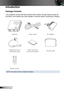 Page 1110English
Introduction
Package Contents
Your projector comes with all the items shown below. Ensure that you hav\
e all 
the items, and contact your local reseller or service center if anything\
 is missing.
FOCUS
ProjectorPower cableAC adapter
Universal 24-pin to  
VGA/Audio cable
Quick start card 
and documentationCarrying case
Remote control
NOTE: The remote control is shipped with battery. 