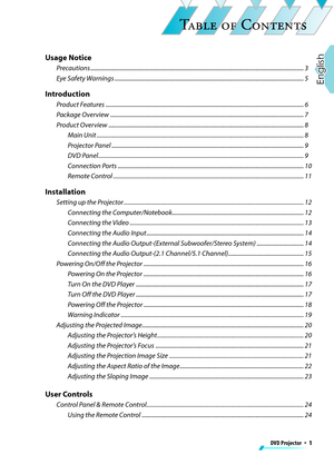 Page 1
DVD P
rojector
  *  
1

English

TABLE OF CONTENTS
TABLE OF CONTENTS
TABLE OF CONTENTS
TABLE OF CONTENTS
TABLE OF CONTENTS
TABLE OF CONTENTS
TABLE OF CONTENTS
TABLE OF CONTENTS
TABLE OF CONTENTS
TABLE OF CONTENTS
TABLE OF CONTENTS

Usage Notice

Precautions
 .............................................................................................................................................
3

E
ye Safety 
Eye Safety E
Warnings...