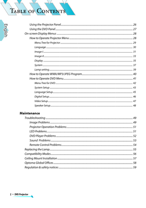 Page 2
2
  *  
DVD P
rojector

English

TABLE OF CONTENTS
TABLE OF CONTENTS
TABLE OF CONTENTS
TABLE OF CONTENTS
TABLE OF CONTENTS
TABLE OF CONTENTS
TABLE OF CONTENTS
TABLE OF CONTENTS
TABLE OF CONTENTS
TABLE OF CONTENTS
TABLE OF CONTENTS

    Using the Projector Panel
 .............................................................................................................
    Using the Projector Panel...