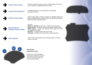 Page 2Giant Screen TV, 
Gaming & Photo viewing 
Use with:
Digital tV or Satellite set-top boxes - for giant screen experience 
games Console - for life size characters and totally immersive action 
Digital  Camera  -  display  your  favourite  Photo  image  CD’s  from  
the integrated DVD player 
Computer - a computer monitor the size of a wall 
Camcorder - transform home movies into a cinema experience 
VCR - your old favourites but bigger 
Perfect Image Quality
Instant Home CinemaNo setup required! Just plug...