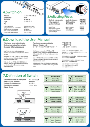 Page 2VGA \ USB IN
VGA  USB IN
Menu/Entrer/Retour
Volume+/AugmenterVolume-/Réduire
メニュー/Enter/戻る
ボリューム +/上げるボリューム -/下げる
Menü/Enter/Geri
Ses +/ArtırSes -/Azalt
Menu/Enter/Back
Volume +/UpVolume -/Down
Menü/Aufrufen/Zurück
Lautstärke + / AufwärtsLautstärke - / Abwärts
選單/Enter/返回
音量+/向上鍵音量-/向下鍵
Menú/Introducir/Volver
Volumen +/SubirVolumen -/Bajar
菜单/确定/返回
音量+/向上音量-/向下
Menu/Confirmar/Voltar
Volume +/Para cimaVolume -/Para baixo
메뉴/Enter/뒤로
볼륨 +/위로볼륨 -/아래로
7.Definition of Switch
Fonctions associées à...