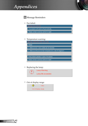 Page 42
42English

Appendices

 Message Reminders
 
 Fan failed:
 
 Temperature warning:
 
 Replacing the lamp:
 
 Out of display range: 
  
  