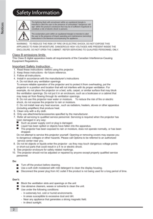 Page 2
.OTICES
3AFETY)NFORMATION
OHLV
HURXVYROW
DJH´ZLWKLQWKHSURGXFW¶VHQFORVXUHWKDWPD\EHRIVXI¿FLHQWPDJQLWXGHWR
FRQVWLWXWHDULVNRIHOHFWULFVKRFNWRSHUVRQV
GWRDOHUW
HUYLFLQJ

:$51,1* 725(8&(7+(5,6.2)),5(25(/(&75,&6+2&.2127(;326(7+,6
(17,16,(7+(
3(56211(/21/