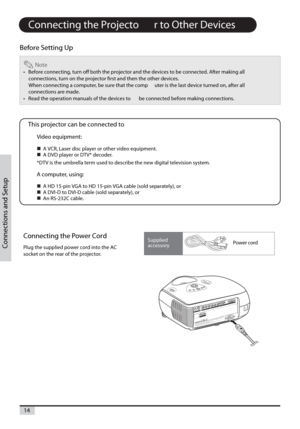 Page 1414
Connections and Setup
Connecting the Projecto r to Other Devices
Before Setting Up
Note
•Before connecting, turn off both the projector andthe devices to be connected. After making all
connections, turn on the projector first and then the other devices.
When connecting a computer, be sure that the comp uter is the last device turned on, after all
connections are made.
•Read the operation manuals of the devices to beconnected before making connections.
This projector can be connected to
Video...