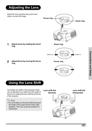 Page 21Connections and Setup
21
Adjusting the Lens
Using the Lens Shift
Adjust the lens using the focus and zoom 
rings to correct the image.
1Adjust zoom by rotating the zoom 
ring.
2Adjust focus by moving the focus 
ring.
The height and width of the projected image 
can be adjusted to be within the shift range of 
the lens by rotating the lens shift dial at the top 
of the projector.
 Note
•Do not forcibly turn the lens shift dial beyond 
the range of the upper left and lower right 
positions. This may cause...