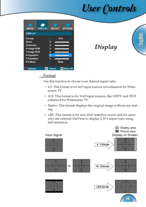 Page 27
User Controls
English
27

 Format
 Use this function to choose your desired aspect ratio.
  4:3: This format is for 4x3 input sources not enhanced for Wide-
screen TV.
  16:9: This format is for 16x9 input sources, like HDTV and DVD 
enhanced for Widescreen TV.
  Native: This format displays the original image without any scal-
ing.
  LBX: This format is for non-16x9, letterbox source and for users 
who use external 16x9 lens to display 2.35:1 aspect ratio using 
full resolution. 
  
Display
Input...