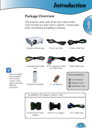 Page 7
Introduction
English
7

Power Cord 1.8m
IR Remote Controller
Composite Video Cable 1.8m
Package Overview
This projector comes with all the items shown below.  
Check to make sure your unit is complete.  Contact your 
dealer immediately if anything is missing.
Documentation : 
 User’s Manaul
 Warranty Card
 Quick Start Card
 Due to the differ-   ence in applica-     tions for each      country, some      regions may have    different      accessories.
2 x AA Batteries
Projector with lens cap
RCA...