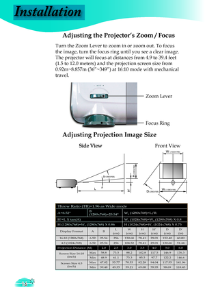 Page 16
Installation
16
LH'
H(1280X768)
A
B(1280X768)
W0(1280X768)
W1(1024X768)
D(1280X768)
Focus Ring
Zoom Lever
Adjusting the Projector’s Zoom / Focus
Turn the Zoom Lever to zoom in or zoom out. To focus 
the image, turn the focus ring until you see a clear image. 
The projector will focus at distances from 4.9 to 39.4 feet 
(1.5 to 12.0 meters) and the projection screen size from 
0.92m~8.857m (36”~349”) at 16:10 mode with mechanical 
travel.
Adjusting Projection Image Size
Side ViewFront View
Throw...