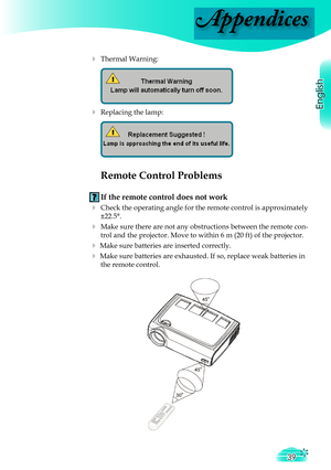 Page 39
Appendices
English
39

 Thermal Warning: 
 
   
 
 Replacing the lamp: 
 
   
 
 Remote Control Problems
 If the remote control does not work
  Check the operating angle for the remote control is approximately 
±22.5°.
 Make sure there are not any obstructions between the remote con-
trol and the projector. Move to within 6 m (20 ft) of the projector.
 Make sure batteries are inserted correctly.
 Make sure batteries are exhausted. If so, replace weak batteries in 
the remote control.     