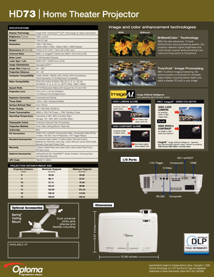 Page 2
AVAILABLE AT
+12v Trigger
RS-232
S-Video
Component
Composite
HDMI
DVI-I w/HDCP
Dual universaljoints giveprecise andflexible mounting
Display Technology
Brightness (Typical)
Weight
Resolution
Dimensions (W x H x D)
Contrast Ratio
Noise Level
Lamp Type / Life
Image Optimization
Image Size (Diagonal)
Projection Distance
Computer Compatibility
Video Compatibility
Aspect Ratio
Projection Lens
Keystone Correction
Throw Ratio
Vertical Refresh Rate
Power Supply
Power Consumption
Operating Temperature...