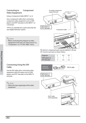 Page 1616
Connections and Setup
Connecting to Component
Video Equipment
Using a Component Cable (INPUT 1 or 2)
Use a component cable when connecting
component video equipment such as DVD
players and DTV* decoders to the INPUT 1 or
2 terminals.
*DTV is an umbrella term used to describe the
new digital television system.
The device’s component jacks may be labeled Y, CB and
CR. Connect each jack as shown below.
Note
•When connecting the projector to video
equipment in this way, set “Input Source” to
“Component 1...