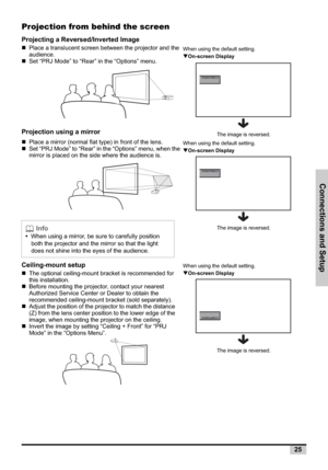 Page 25Connections and Setup
25
Projection from behind the screen
Projecting a Reversed/Inverted Image
„Place a translucent screen between the projector and the 
audience.
„Set “PRJ Mode” to “Rear” in the “Options” menu.
Projection using a mirror
„Place a mirror (normal flat type) in front of the lens.
„Set “PRJ Mode” to “Rear” in the “Options” menu, when the 
mirror is placed on the side where the audience is.
Ceiling-mount setup
„The optional ceiling-mount bracket is recommended for 
this installation....