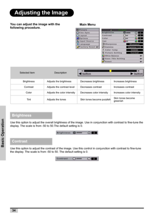Page 3434
Basic Operation
Adjusting the Image
You can adjust the image with the 
following procedure.
Use this option to adjust the overall brightness of the image. Use in conjunction with contrast to fine-tune the 
display. The scale is from -50 to 50.The default setting is 0.
Use this option to adjust the contrast of the image. Use this control in conjunction with contrast to fine-tune 
the display. The scale is from -50 to 50. The default setting is 0.
Selected itemDescription
BrightnessAdjusts the...
