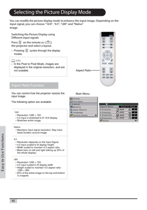 Page 4040
s n o i t c n u F e s U o t y s a E
Selecting the Picture Display Mode
You can modify the picture display mode to enhance the input image. Depending on the
input signal, you can choose “16:9”, “4:3”, “LBX” and “Native”
image.
Switching the Picture Display using
Different input signals
Press on the remote oron
the projector and select a layout.
•Pressing cycles through the display
modes
Info
•In the Pixel to Pixel Mode, images are
displayed in the original resolution, and are
not scalable.
Aspect Ratio...