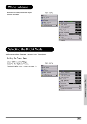 Page 45Easy to Use Functions
45
White Enhance
Selecting the Bright Mode
Bright mode reduces the power consumption of the projector.White enhance emphasizes the bright
portions of images.
Setting the Power Save
Select “ON” from the “Bright
Mode” in the “Options” menu.
For operating the menu screen, see page 33.
Main Menu
Main Menu 