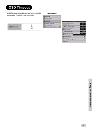 Page 47Easy to Use Functions
47
OSD Timeout
OSD Timeout is used to set how long the OSD 
stays open if no buttons are pressed.
OSD Timeout5
15
60
Main Menu 