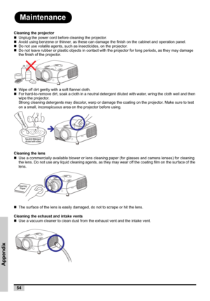 Page 5454
Appendix
Maintenance
Cleaning the projector
„Unplug the power cord before cleaning the projector.
„Avoid using benzene or thinner, as these can damage the finish on the cabinet and operation panel.
„Do not use volatile agents, such as insecticides, on the projector.
„Do not leave rubber or plastic objects in contact with the projector for long periods, as they may damage 
the finish of the projector.
„Wipe off dirt gently with a soft flannel cloth.
„For hard-to-remove dirt, soak a cloth in a neutral...