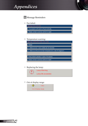 Page 42
42English

Appendices

 Message Reminders
 
 Fan failed:
 
 Temperature warning:
 
 Replacing the lamp:
 
 Out of display range: 
  
  