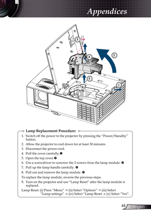 Page 45
45English

Appendices

Lamp Replacement Procedure:
1. Switch off the power to the projector by pressing the “Power/Standby” button.
2.  Allow the projector to cool down for at least 30 minutes.
3.  Disconnect the power cord.
4.  Pull the cover carefully.

5.  Open the top cover.

6.  Use a screwdriver to unscrew the 2 screws from the lamp module. 

7.  Pull up the lamp handle carefully. 

8.   Pull out and remove the lamp module. 

To replace the lamp module, reverse the previous steps.
9.  Turn on...