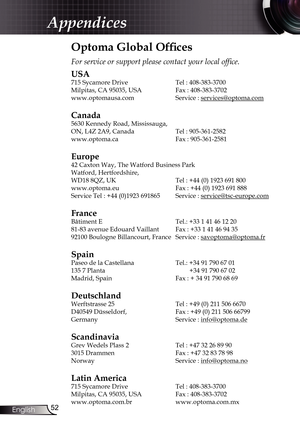 Page 52
52English

Appendices

Optoma Global Offices
For service or support please contact your local office.
USA
715 Sycamore Drive  Tel : 408-383-3700
Milpitas, CA 95035, USA   Fax : 408-383-3702 
www.optomausa.com  Service : 
services@optoma.com
Canada
5630 Kennedy Road, Mississauga, 
ON, L4Z 2A9, Canada  Tel : 905-361-2582
www.optoma.ca  Fax : 905-361-2581
 
Europe
42 Caxton Way, The Watford Business Park 
Watford, Hertfordshire,  
WD18 8QZ, UK Tel : +44 (0) 1923 691 800
www.optoma.eu   Fax : +44 (0) 1923...