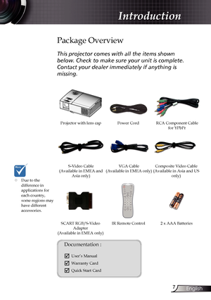 Page 7
7English

Introduction

Power Cord
IR Remote Control
Package Overview
This projector comes with all the items shown 
below. Check to make sure your unit is complete. 
Contact your dealer immediately if anything is 
missing.
Documentation : 
	User’s Manual
	Warranty Card
	Quick Start Card
	Due to the  difference in  applications for each country, some regions may have different accessories.
2 x AAA Batteries
Projector with lens cap 
VGA Cable(Available in EMEA only) S-Video Cable(Available in EMEA...