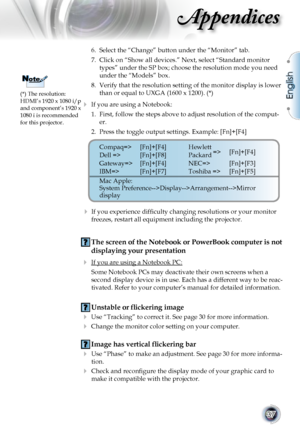 Page 37
English
37

Appendices

6.  Select the “Change” button under the “Monitor” tab.
7.  Click on “Show all devices.” Next, select “Standard monitor 
types” under the SP box; choose the resolution mode you need 
under the “Models” box. 
8.  Verify that the resolution setting of the monitor display is lower 
than or equal to UXGA (1600 x 1200). (*)
  If you are using a Notebook:
1.  First, follow the steps above to adjust resolution of the comput-
er.
2.  Press the toggle output settings. Example: [Fn]+[F4]...