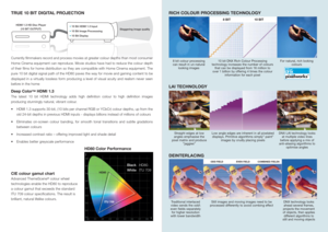 Page 3HDMI 1.3 HD Disc Player
(10 BIT OUTPUT)
 10 Bit HDMI 1.3 Input 10 Bit Image Processsing 10 Bit DisplayStaggering image quality
8 bit colour processing 
can result in un-natural 
looking images10 bit DNX Rich Colour Processing 
technology increases the number of colours 
that can be displayed from 16 million to 
over 1 billion by offering 4 times the colour 
information for each pixelFor natural, rich looking 
colours
RICH COLOUR PROCESSING TECHNOLOGYLAI TECHNOLOGYDEINTERLACING
Straight edges at low...