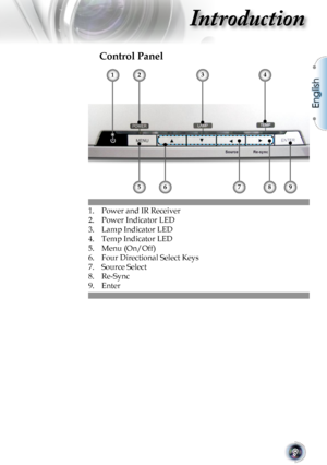 Page 9
English
9

Introduction

Control Panel
1.  Power and IR Receiver
2. Power Indicator LED 
3.  Lamp Indicator LED
4.  Temp Indicator LED
5.  Menu (On/Off)
6.  Four Directional Select Keys
7.  Source Select
8.  Re-Sync
9.  Enter
432
65789
1         