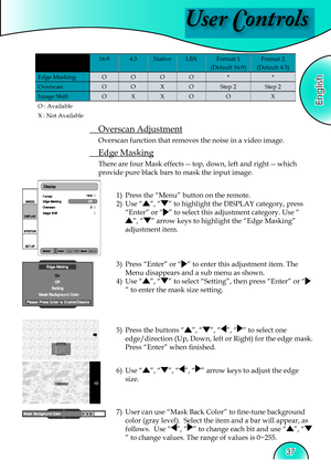 Page 37
User Controls
English
37

16:9
4:3
Native
LBX
Format 1

(Default 16:9)

Format 2

(Default 4:3)

Edge Masking
O
O
O
O
*
*

Overscan
O
O
X
O
S
tep 2
S
tep 2

Image Shift
O
X
X
O
O
X

O
 : Available

X : Not Available

 Overscan Adjustment 
Overscan function that removes the noise in a video image. 
 Edge Masking 
There are four Mask effects -- top, down, left and right -- which 
provide pure black bars to mask the input image. 
1)  Press the “Menu” button on the remote.
2)  Use 
“”, “” to highlight the...