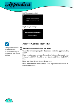 Page 58
Appendices
58

 RS232 connection fail: 
 
 Replacing the lamp: 
 
   
 
 Remote Control Problems
 If the remote control does not work
  Check the operating angle for the remote control is approximately 
±22.5°.
 Make sure there are not any obstructions between the remote con-
trol and the HD81’s Box. Move to within 6 m (20 ft) of the HD81’s 
Box.
 Make sure batteries are inserted correctly.
 Make sure batteries are exhausted. If so, replace weak batteries in 
the remote control. 
Projector side...