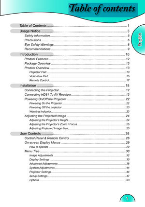 Page 1
Table of contents
English
1
Table of Contents ...................................................................................1
Usage Notice ..........................................................................................3
Safety Information .........................................................................................5
Precautions ...................................................................................................6
Eye Safety Warnings...