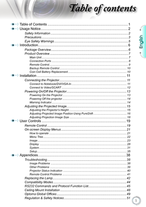 Page 1
English


Table of contents
Table of Contents ........................................................................\
...........1
Usage Notice  ........................................................................\
..................2
Safety Information  ........................................................................\
.................2
Precautions........................................................................\
............................3
Eye Safety Warnings...