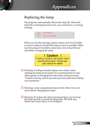 Page 43
43English

Appendices

Replacing the lamp
The projector automatically detects the lamp life. When the 
lamp life is nearing the end of use, you will receive a warning 
message.
 
When you see this message, please contact your local reseller 
or service center to change the lamp as soon as possible. Make 
sure the projector has been cooled down for at least 30 min-
utes before changing the lamp. 
 Warning: Lamp compartment may be hot! Allow it to cool 
down before changing the lamp!
 Warning: To reduce...